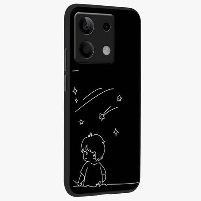 Line Art Boy With Shooting Stars Glass Case upright view showcasing artistic shooting star illustration with minimal style.