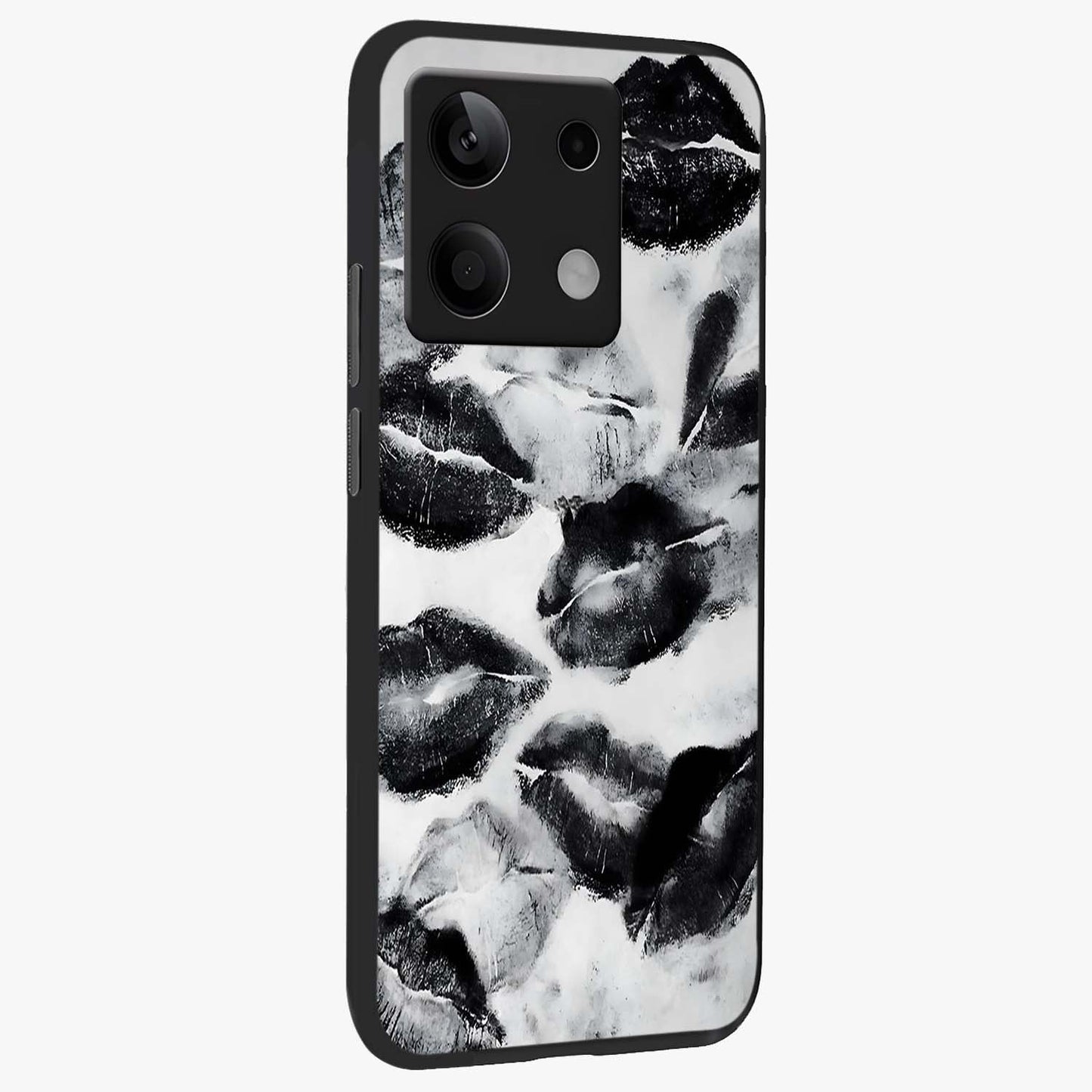 Midnight Kiss Marks Glass Case upright view showcasing stylish kiss mark artwork with trendy romantic theme.