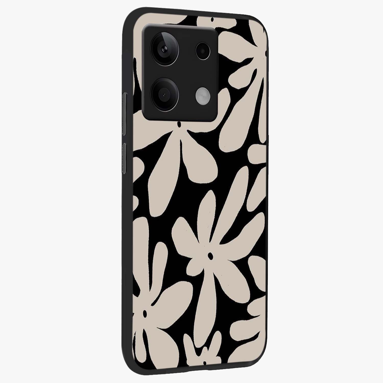 Monochrome Petal Dance Glass Case upright view showcasing artistic floral pattern with stylish monochrome theme.