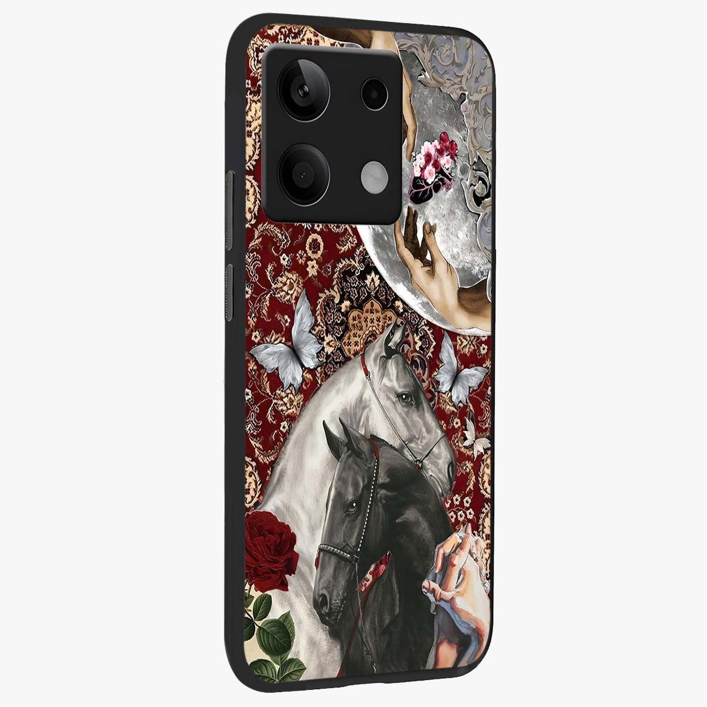 Moonlit Royal Stallion Glass Case upright view showcasing dramatic horse artwork with glowing moon themed design.