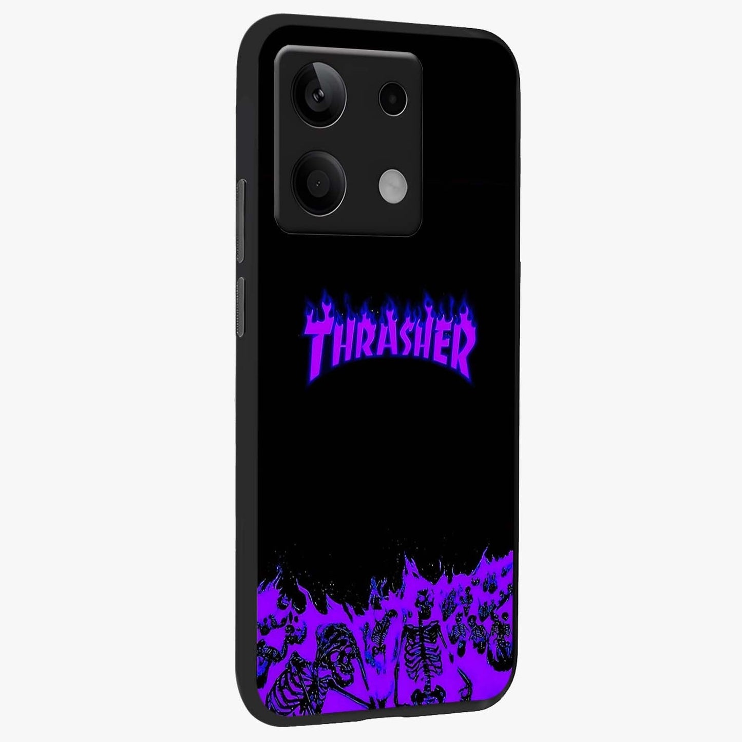 Neon Flame Riot Glass Case upright view showcasing dynamic flame artwork with energetic neon theme.