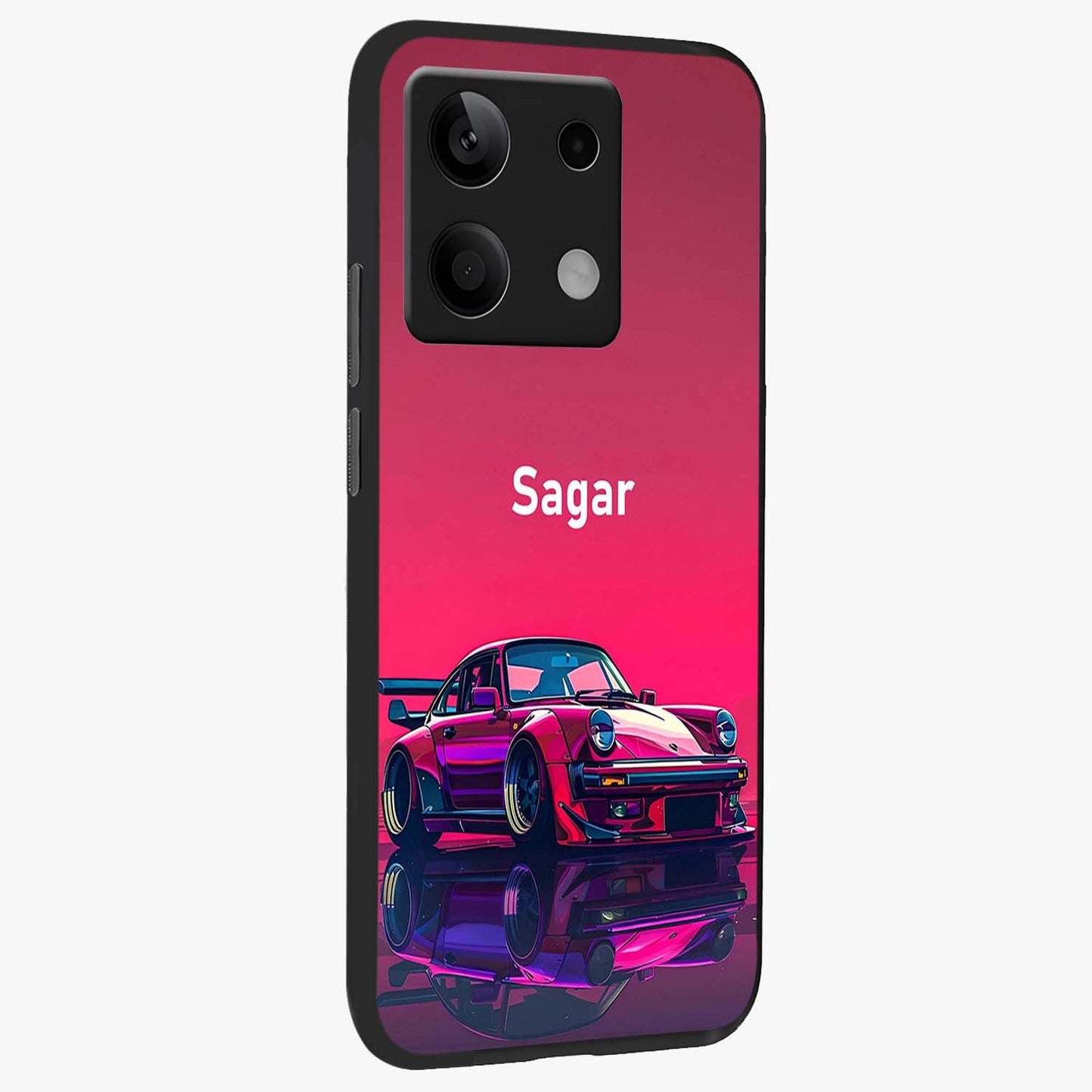 Neon Pink Porsche Glass Case upright view showcasing vibrant sports car artwork with bold automotive theme.