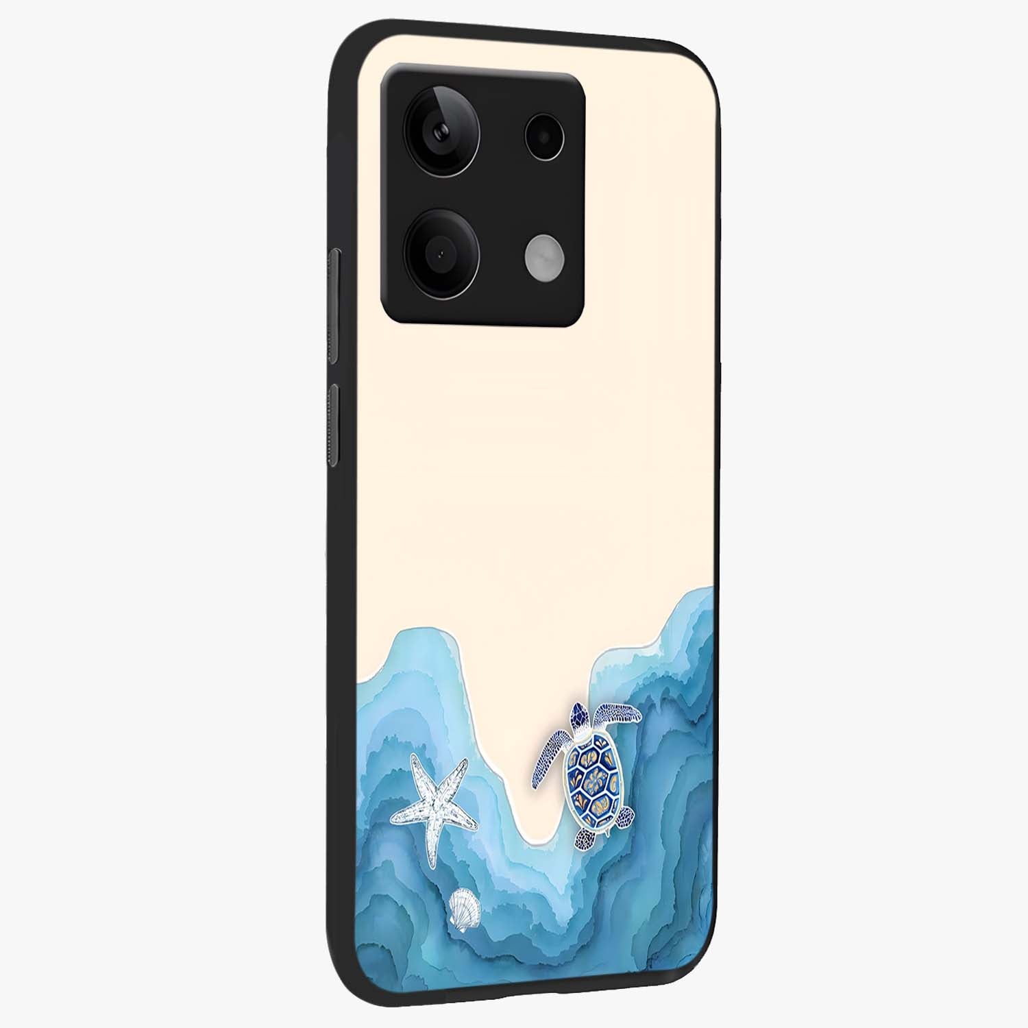 Ocean Drift Turtle Glass Case upright view showcasing calm underwater turtle artwork with nature inspired theme.