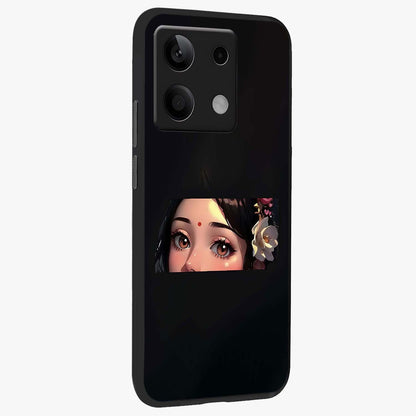 Radha Divine Embrace Glass Case upright view showcasing sacred Radha themed artwork with peaceful devotional style.