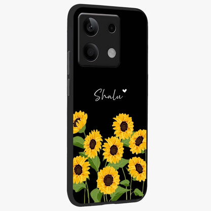 Sunflower Chic Mood Custom Name Glass Case upright view showcasing cheerful sunflower artwork with trendy floral theme.