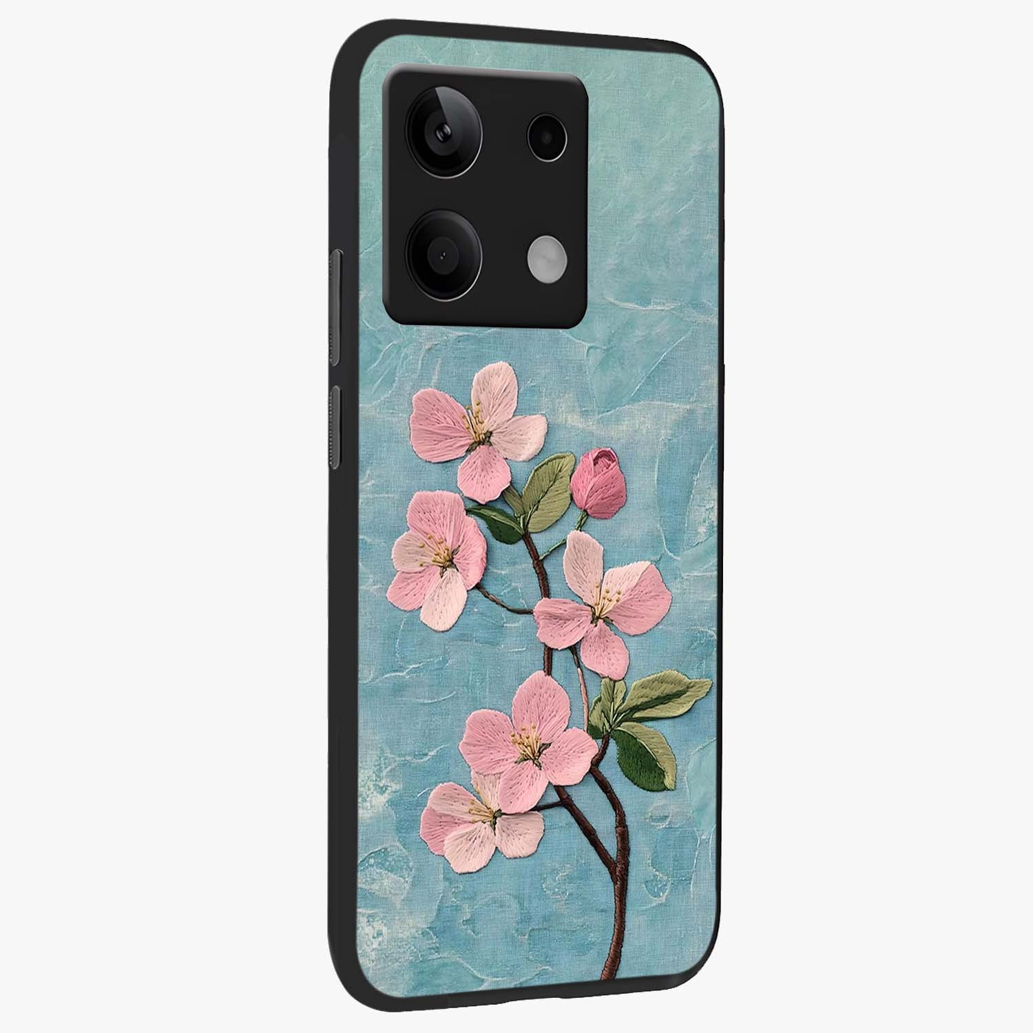 Threaded Blossom Breeze Glass Case upright view showcasing graceful flower artwork with calm botanical theme.