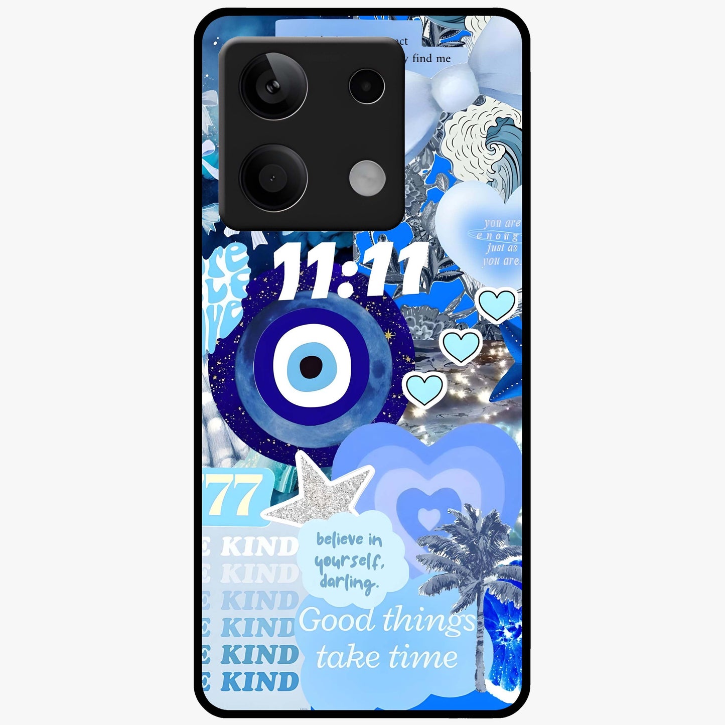 Aesthetic Be Kind Eye Glass Case showing flat back view with motivational eye artwork and glossy glass finish.