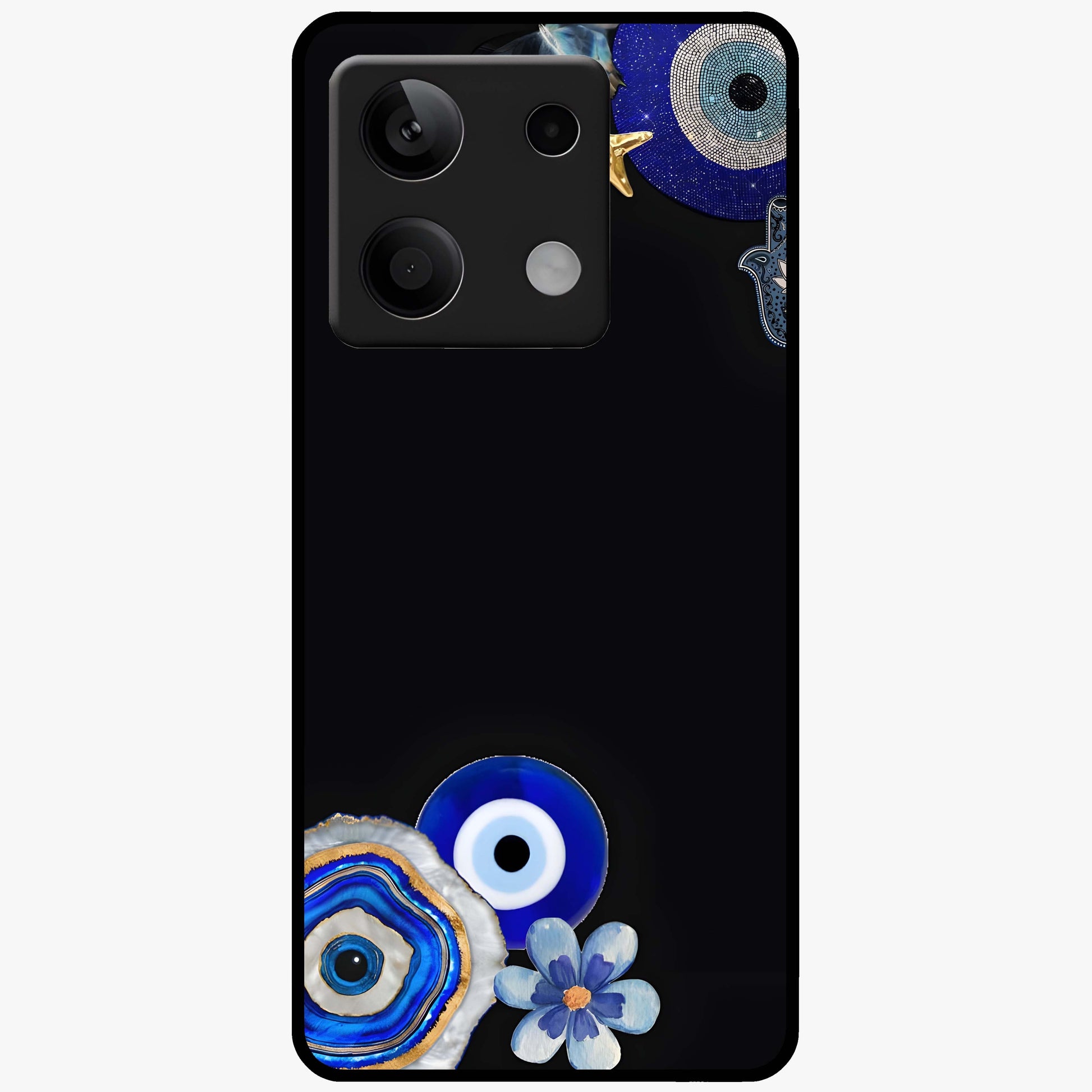 Aesthetic Blue Evil Eye Glass Case showing flat back view with protective evil eye artwork and glossy glass finish.