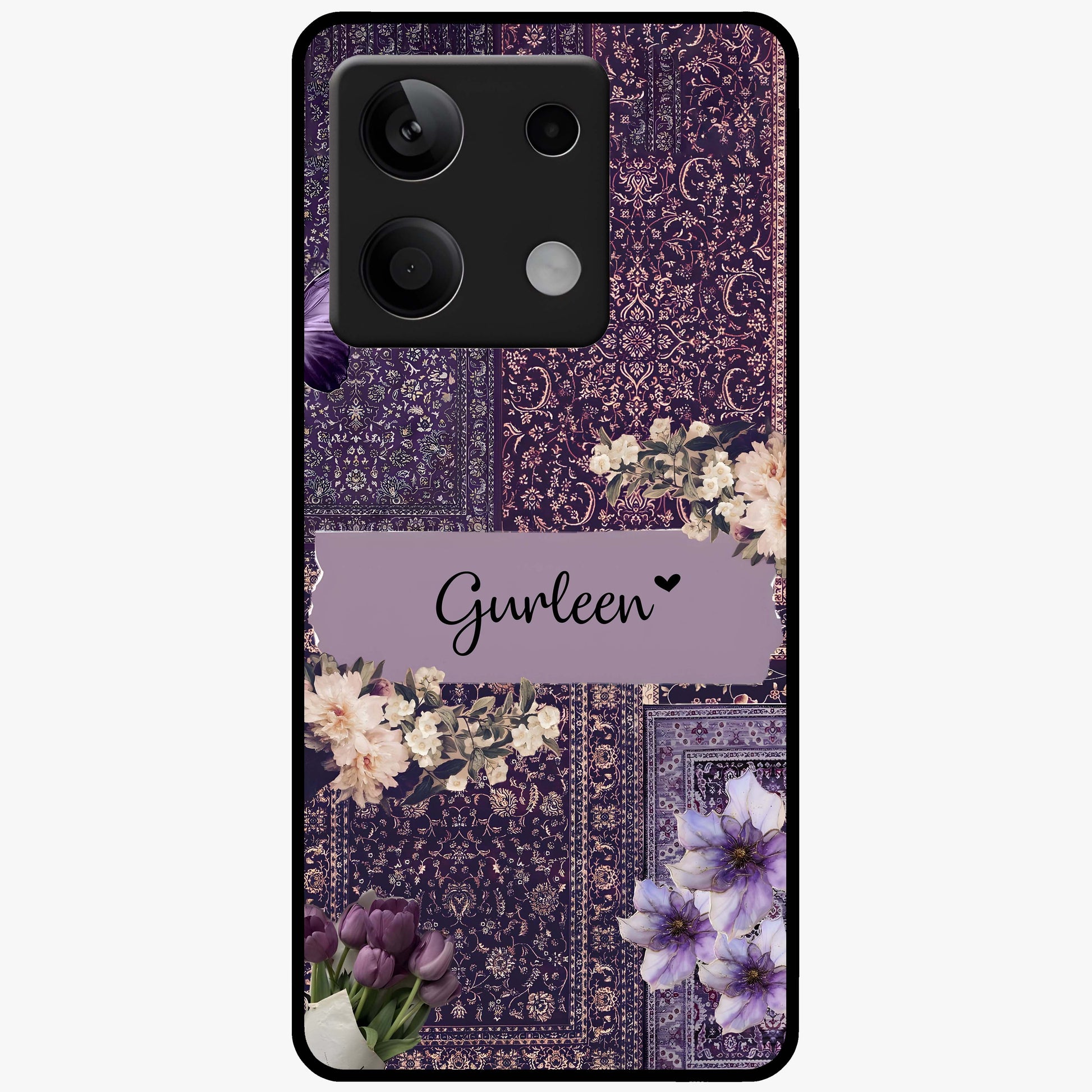 Antique Floral Whisper Custom Name Glass Case showing flat back view with vintage floral artwork and personalized name design.