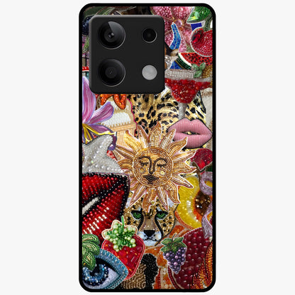 Beaded Fashion Jungle Glass Case showing flat back view with vibrant jungle inspired bead artwork and glossy glass finish.