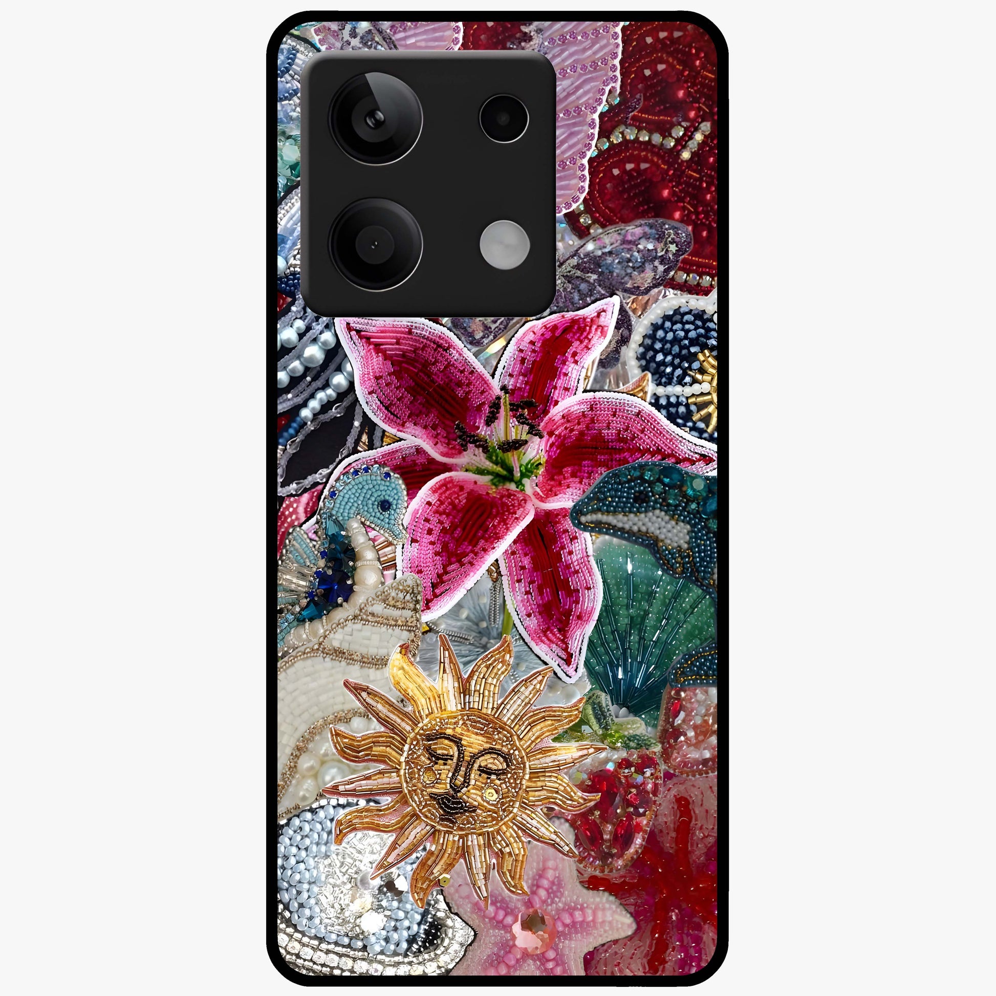 Beaded Garden Fantasy Glass Case showing flat back view with dreamy garden bead artwork and glossy glass finish.