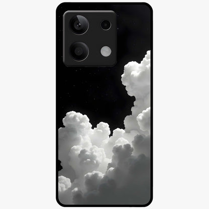 Black Background With White Cloud Glass Case showing flat back view with minimal cloud artwork on dark background and glossy glass finish.