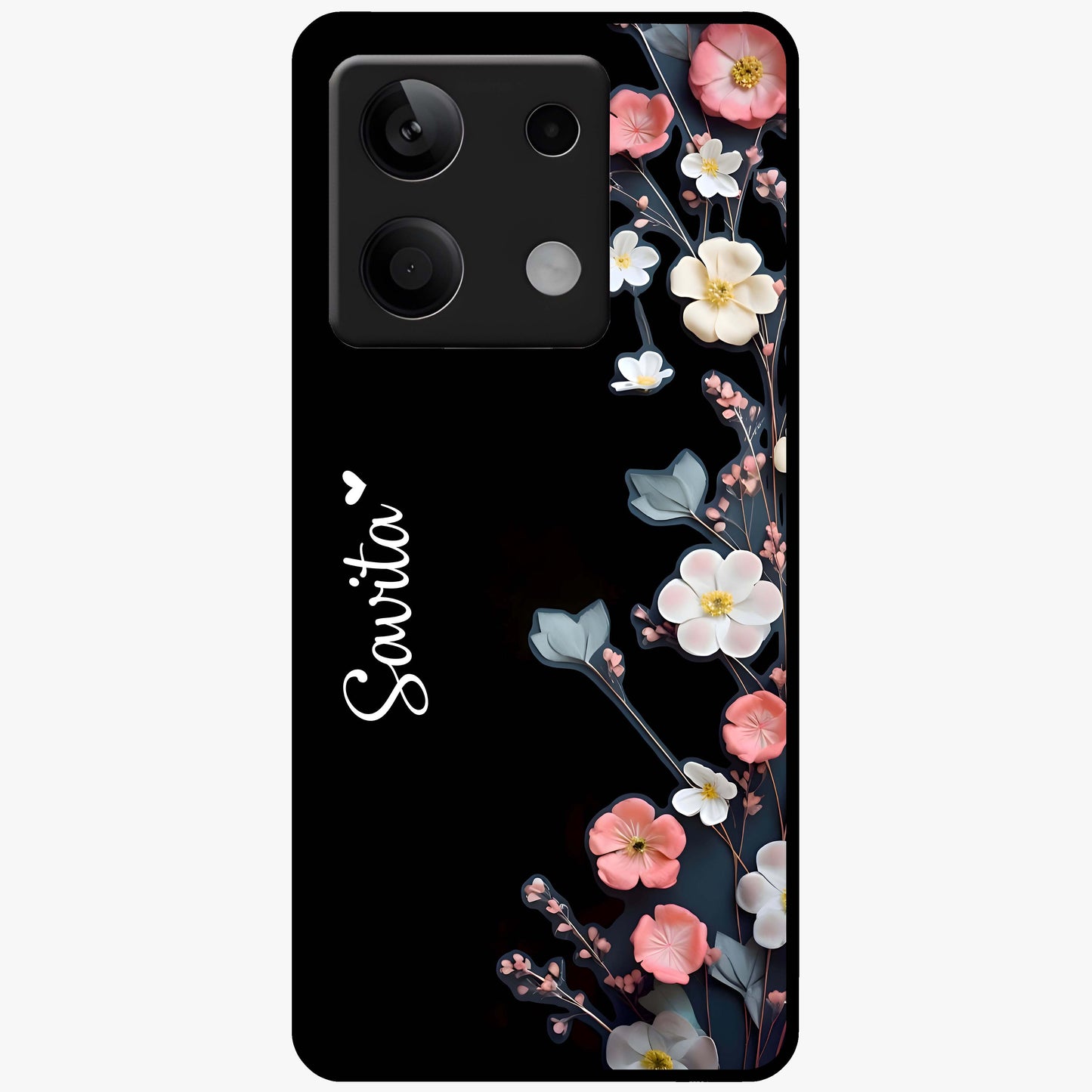 Black Elegance Floral Custom Name Glass Case showing flat back view with elegant floral artwork and personalized name design.