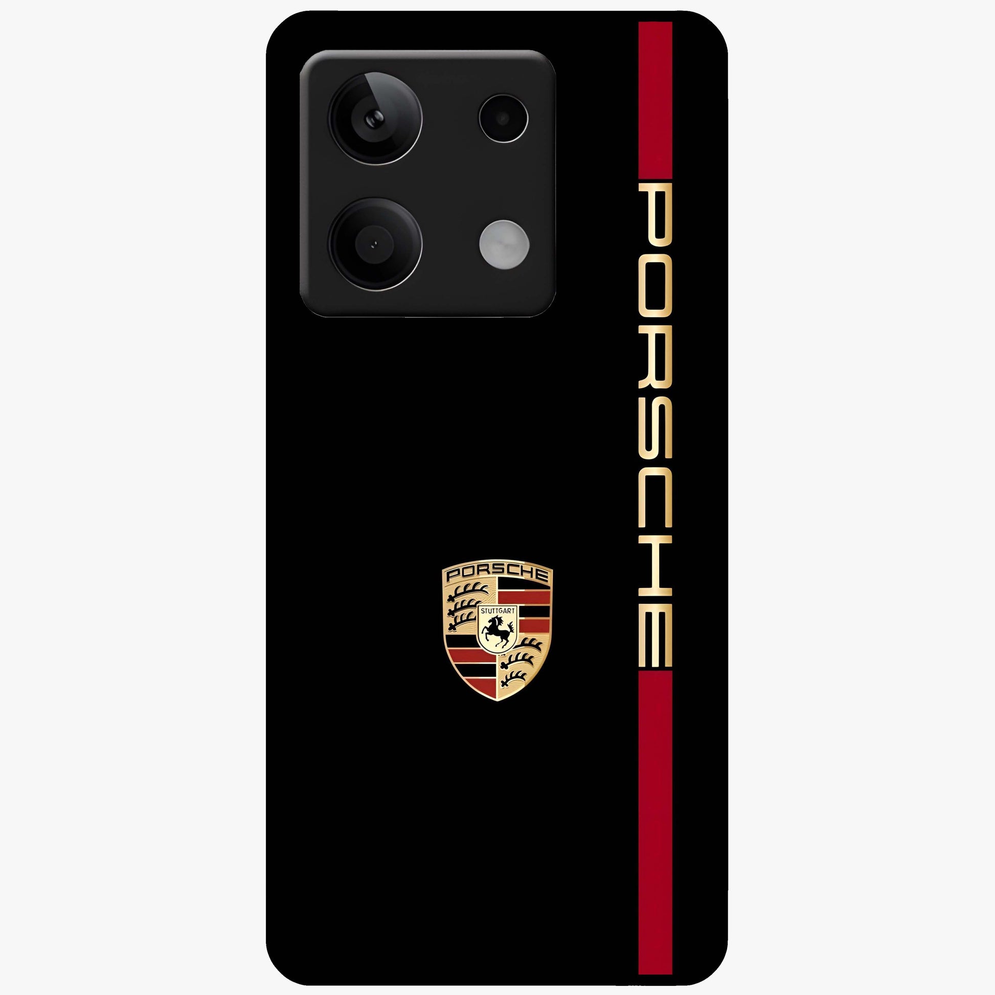 Black Minimal Porsche Glass Case showing flat back view with sleek minimal sports car artwork and glossy glass finish.