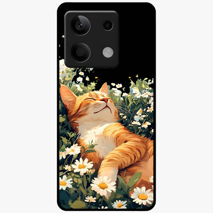 Blissful Bloom Cat Glass Case showing flat back view with cute cat and floral bloom artwork and glossy glass finish.