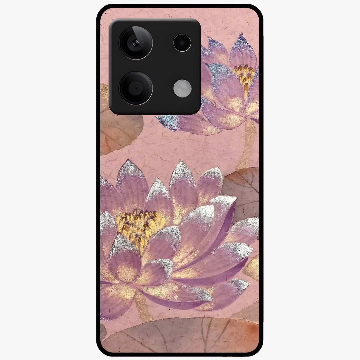 Blossom Mist Lotus Glass Case showing flat back view with serene lotus blossom artwork and glossy glass finish.