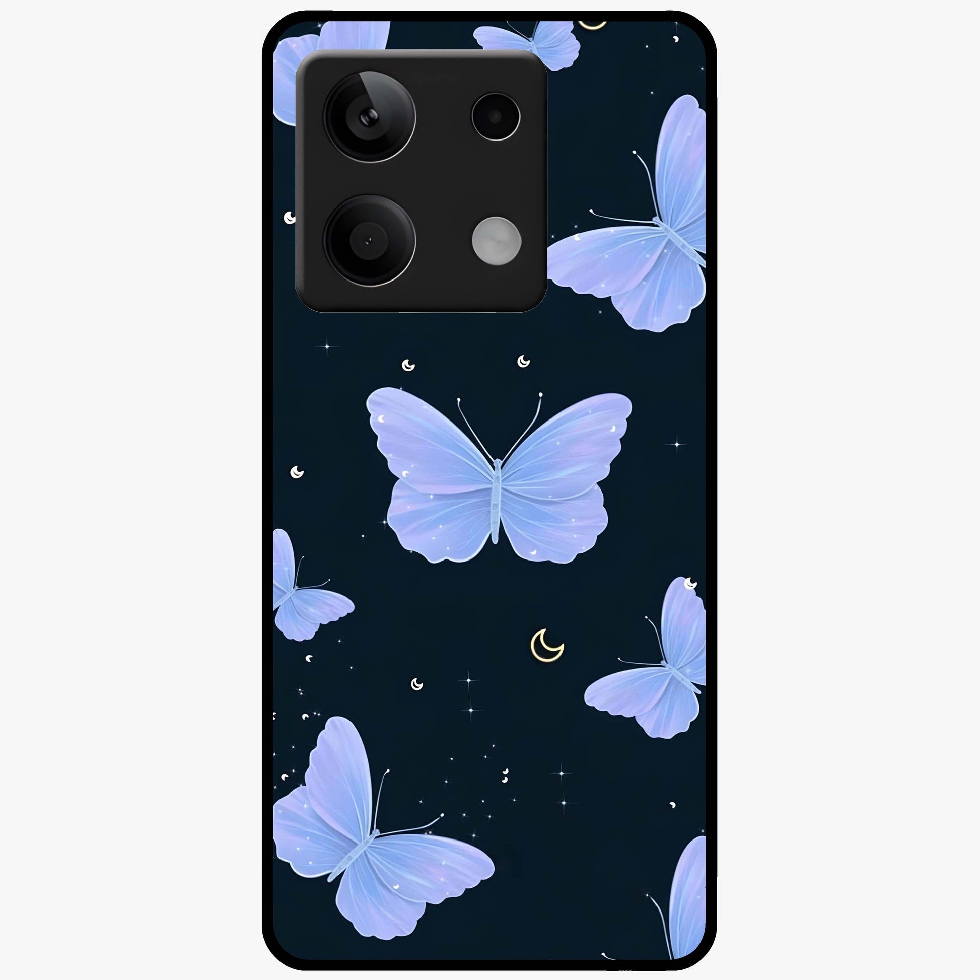 Butterfly With Stars Pattern Glass Case showing flat back view with butterfly and star pattern artwork and glossy glass finish.