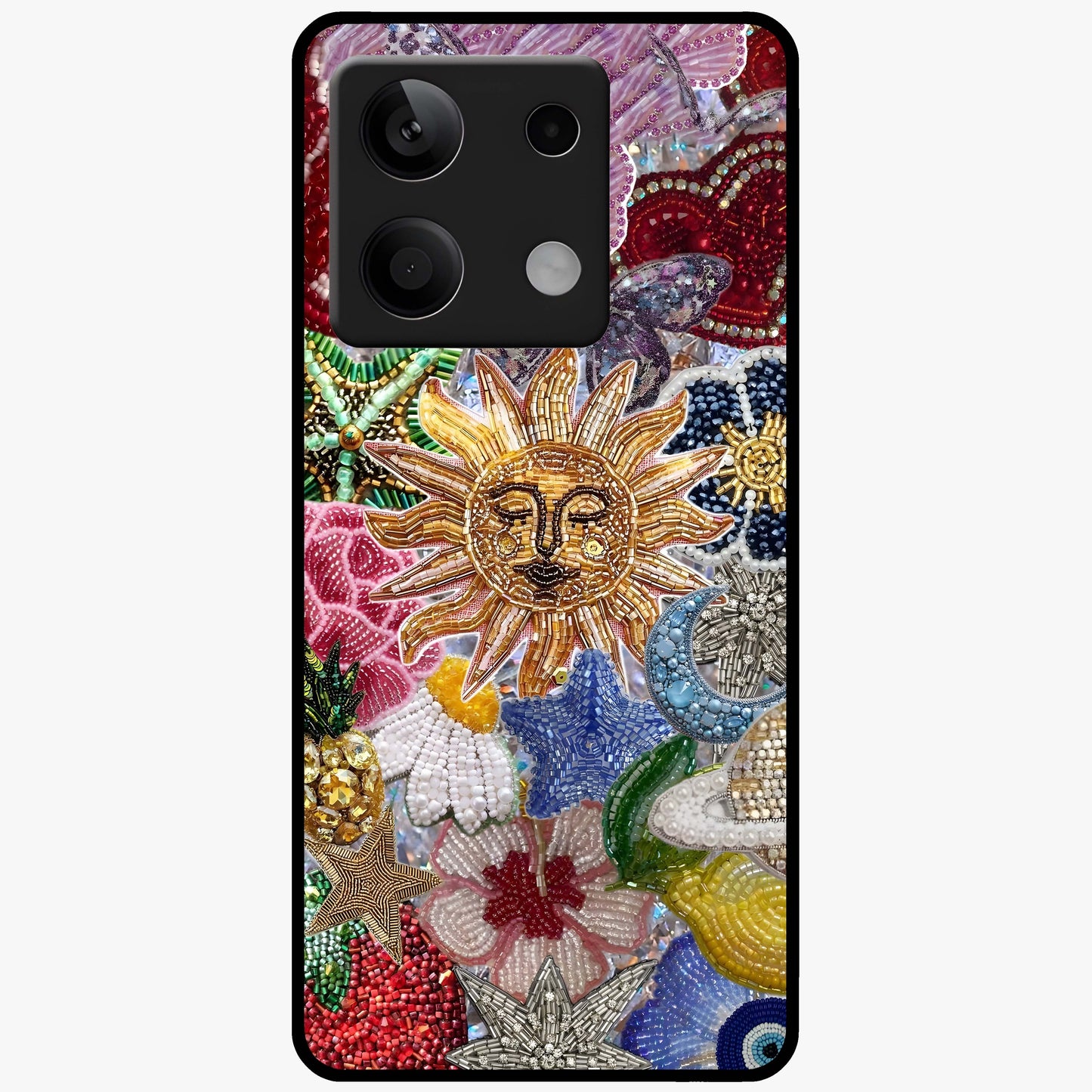 Celestial Floral and Playful Glass Case showing flat back view with floral and celestial themed artwork and glossy glass finish.