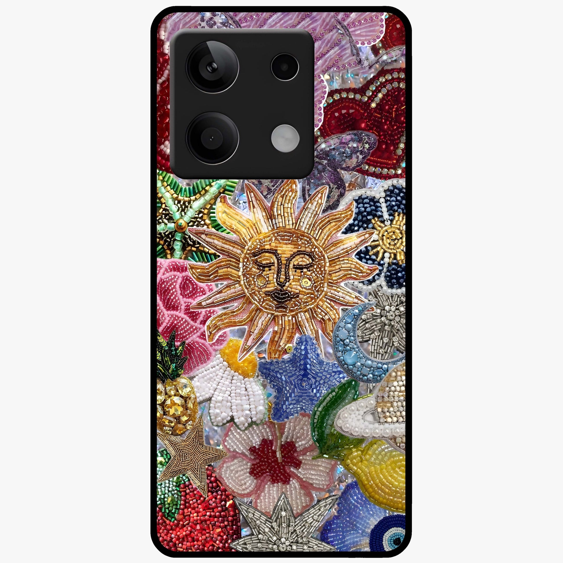 Celestial Floral and Playful Glass Case showing flat back view with floral and celestial themed artwork and glossy glass finish.