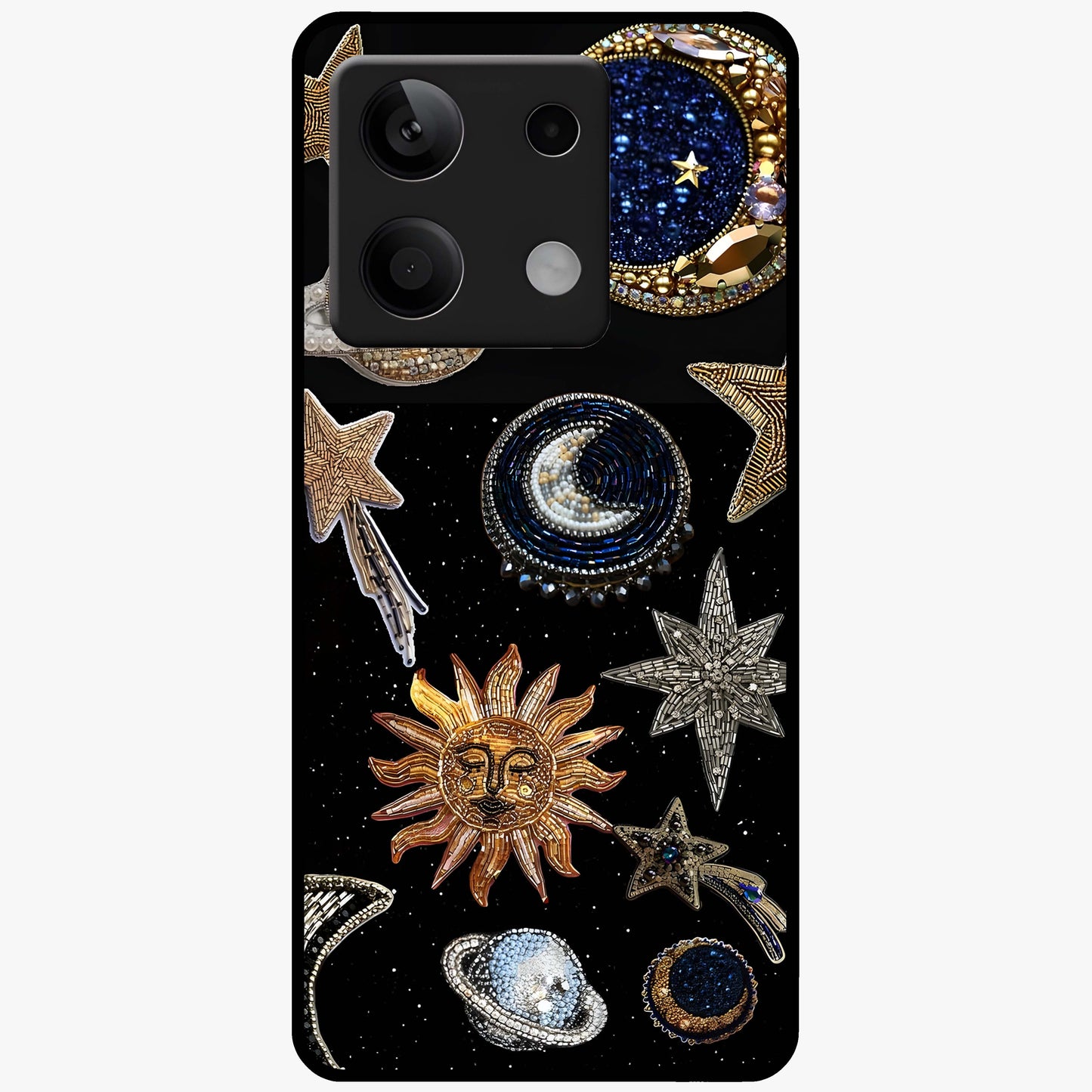 Celestial Gem Constellations Glass Case showing flat back view with sparkling constellation artwork and glossy glass finish.