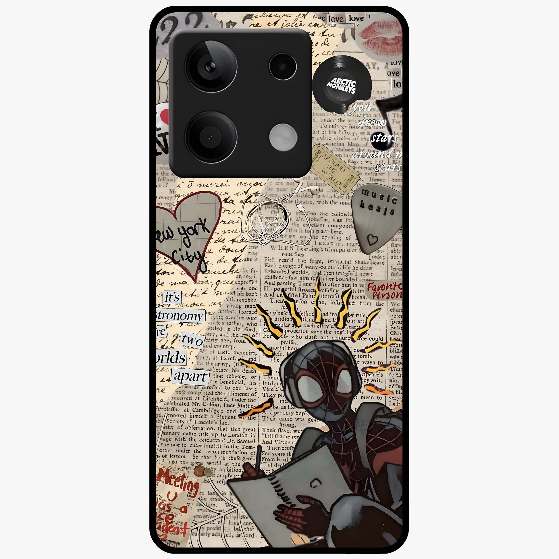 City Dream Sketch Glass Case showing flat back view with artistic city skyline sketch artwork and glossy glass finish.