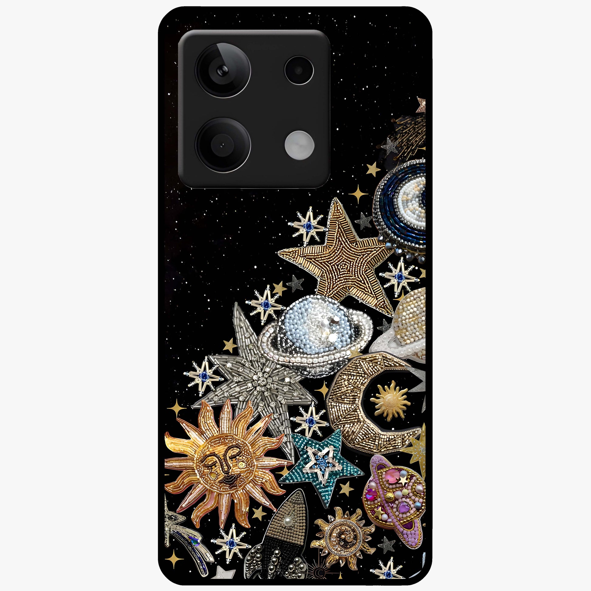 Cosmic Sparkle Dreams Glass Case showing flat back view with sparkling cosmic artwork and glossy glass finish.