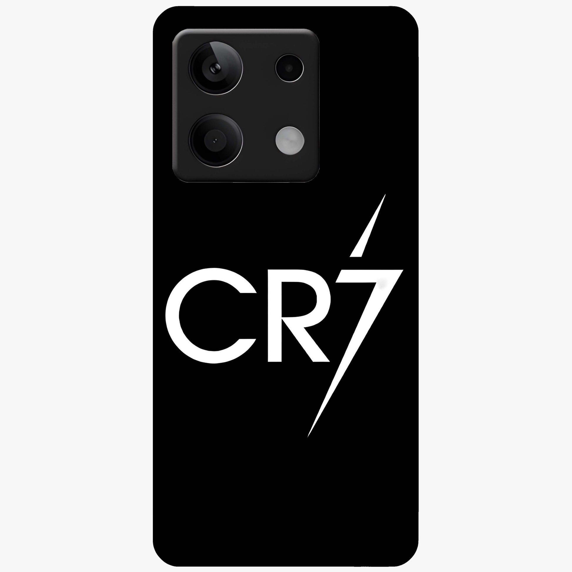 Cr7 Elite Strike Glass Case showing flat back view with dynamic football inspired artwork and glossy glass finish.