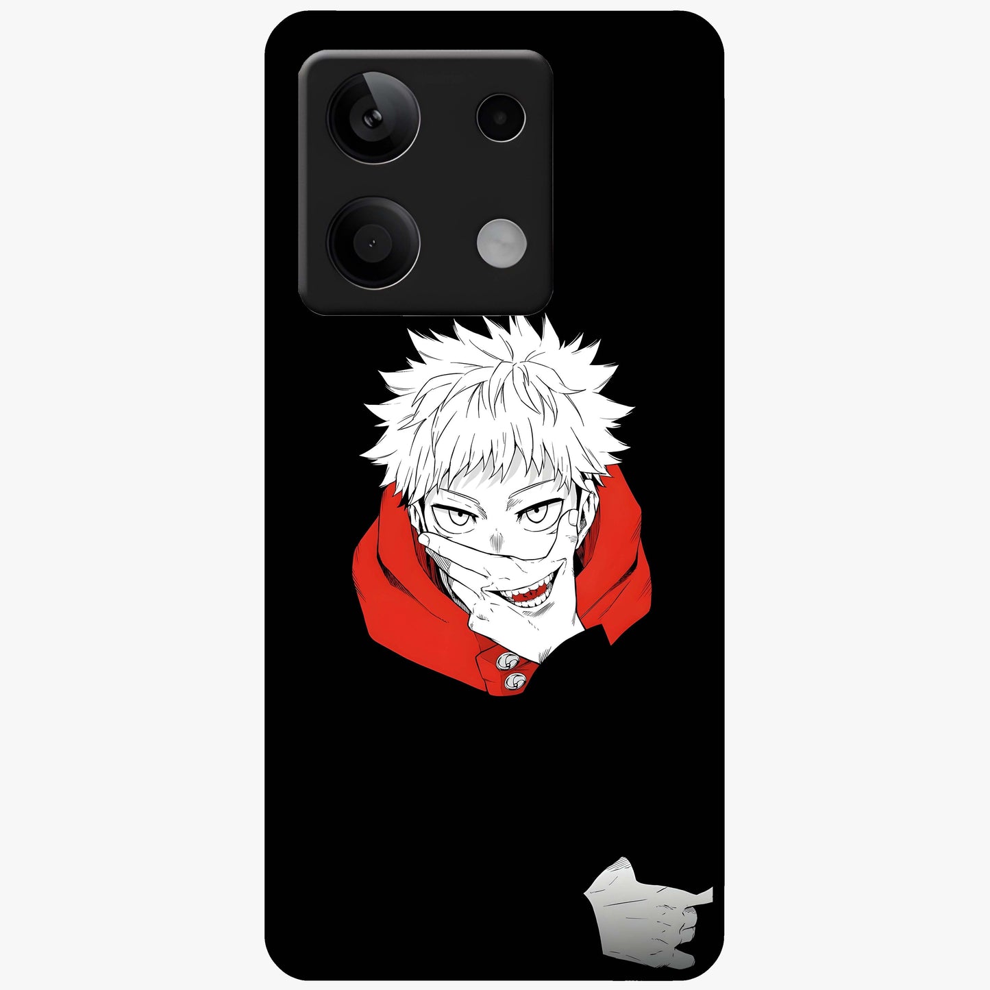 Crimson Chaos Smile Glass Case showing flat back view with bold chaotic smile artwork and glossy glass finish.
