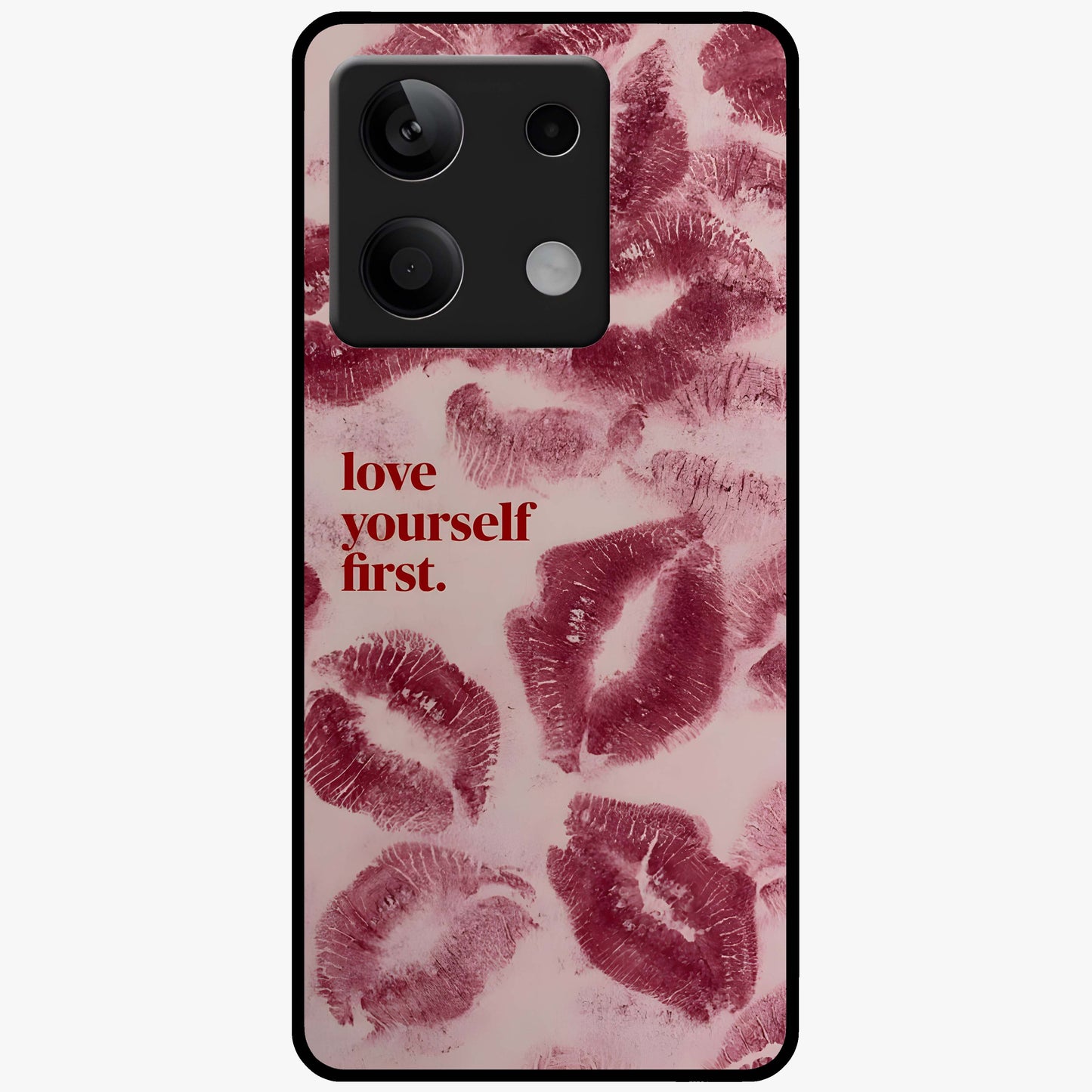 Crimson Kiss Love Glass Case showing flat back view with romantic crimson themed artwork and glossy glass finish.