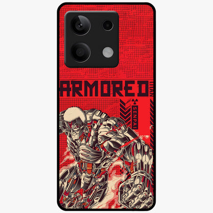 Crimson Mecha Titan Glass Case showing flat back view with powerful mech titan artwork and glossy glass finish.