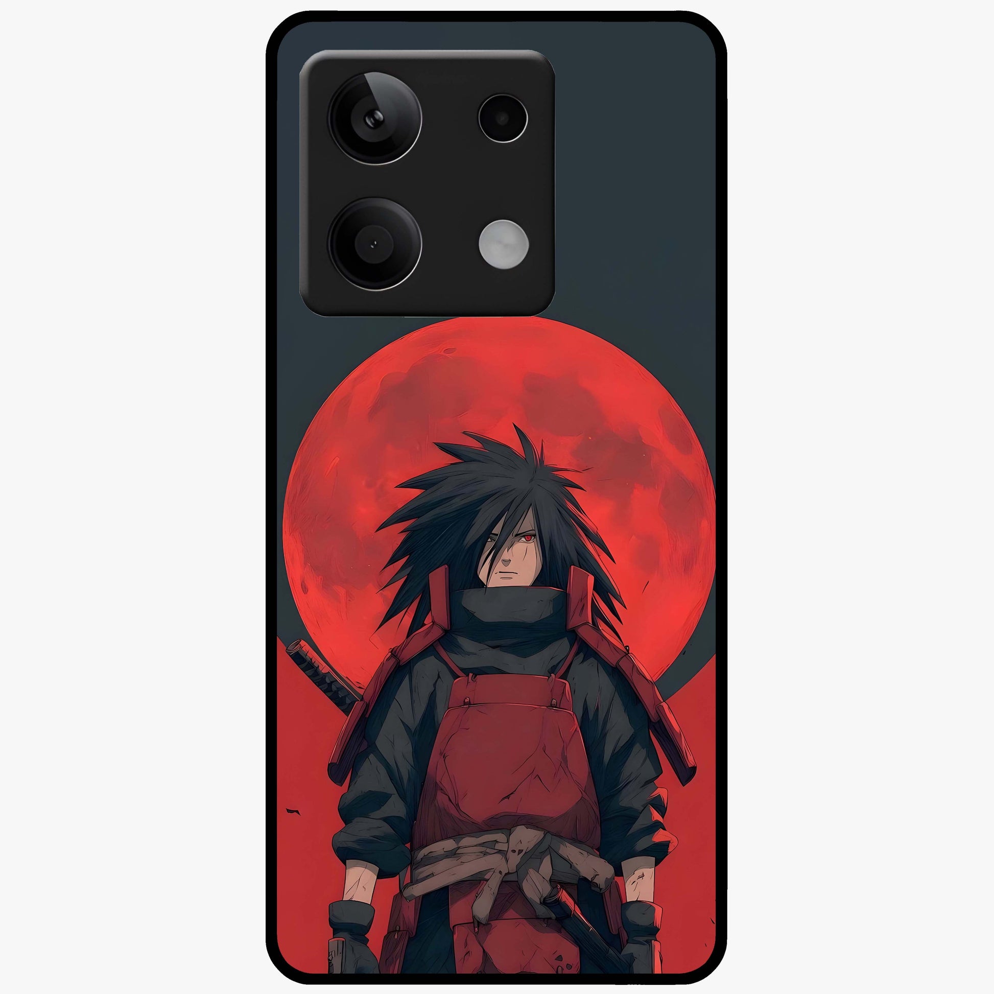 Crimson Moon Warlord Glass Case showing flat back view with mystical moon warrior artwork and glossy glass finish.