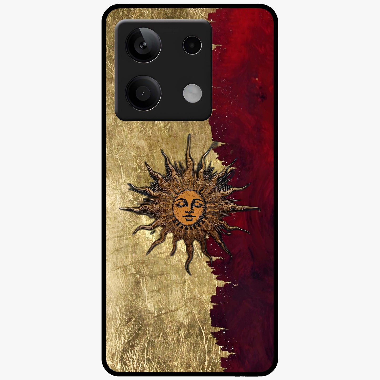 Crimson Sun Majesty Glass Case showing flat back view with radiant sun inspired artwork and glossy glass finish.