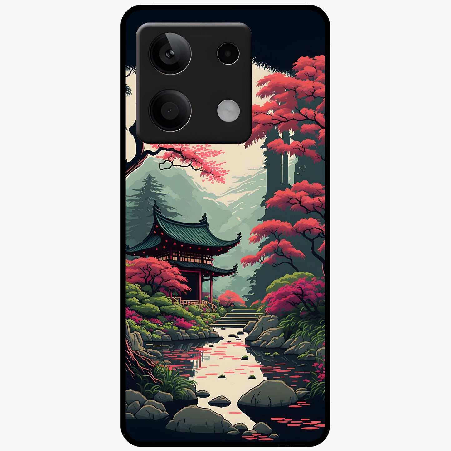 Crimson Temple View Glass Case showing flat back view with temple inspired artwork and glossy glass finish.