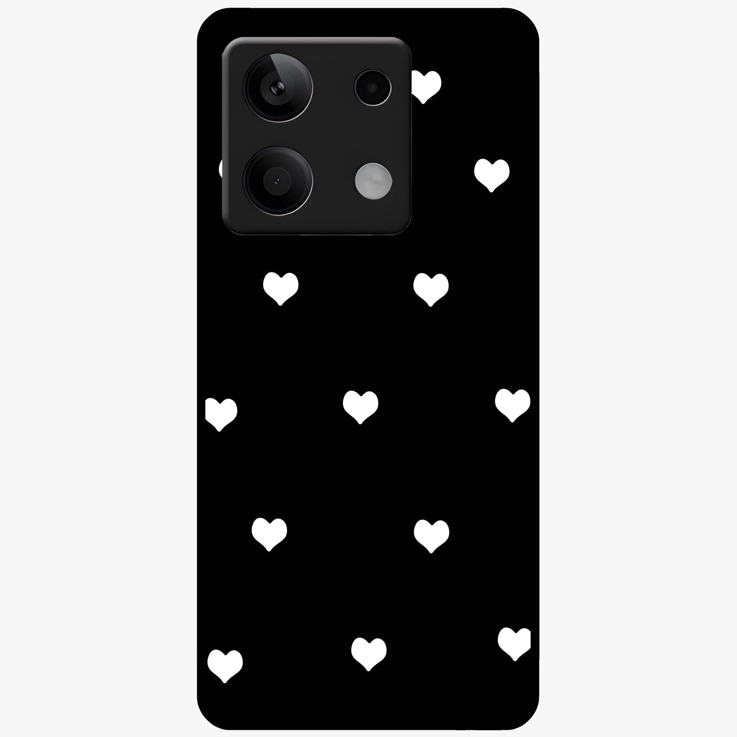 Cute And Simple White Hearts Glass Case showing flat back view with minimal white heart pattern and glossy glass finish.