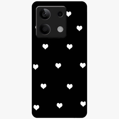 Cute And Simple White Hearts Glass Case showing flat back view with minimal white heart pattern and glossy glass finish.