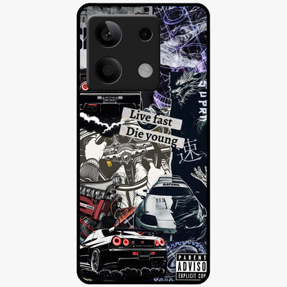 Die Young Glass Case showing flat back view with bold artistic typography design and glossy glass finish.