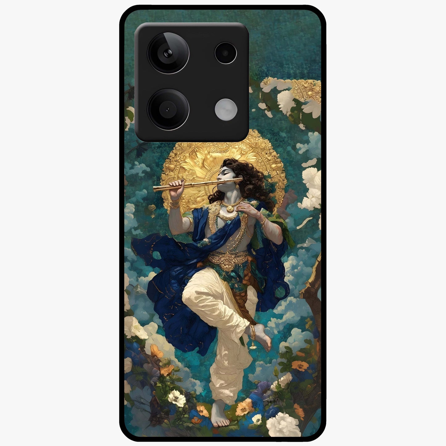 Divine Krishna Art Glass Case showing flat back view with Lord Krishna artwork and glossy glass finish.