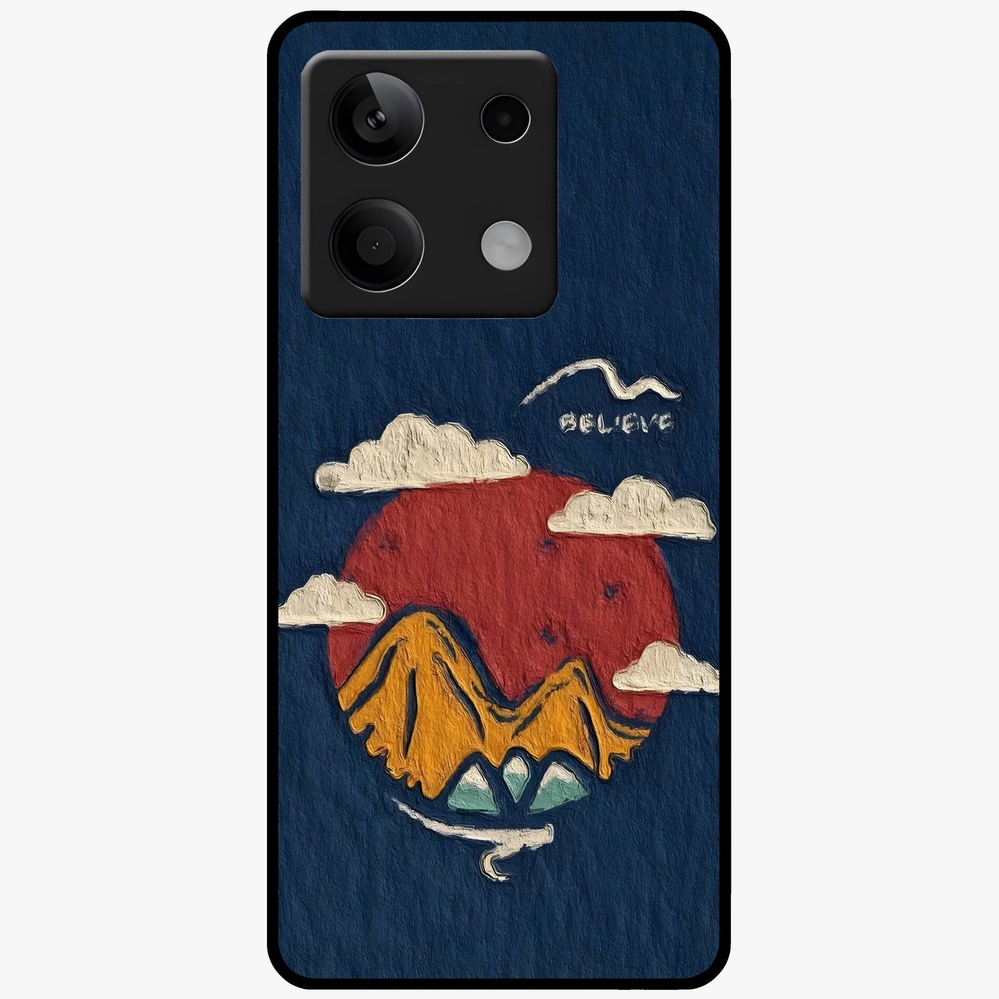 Dream Beyond Mountains Glass Case showing flat back view with scenic mountain landscape artwork and glossy glass finish.