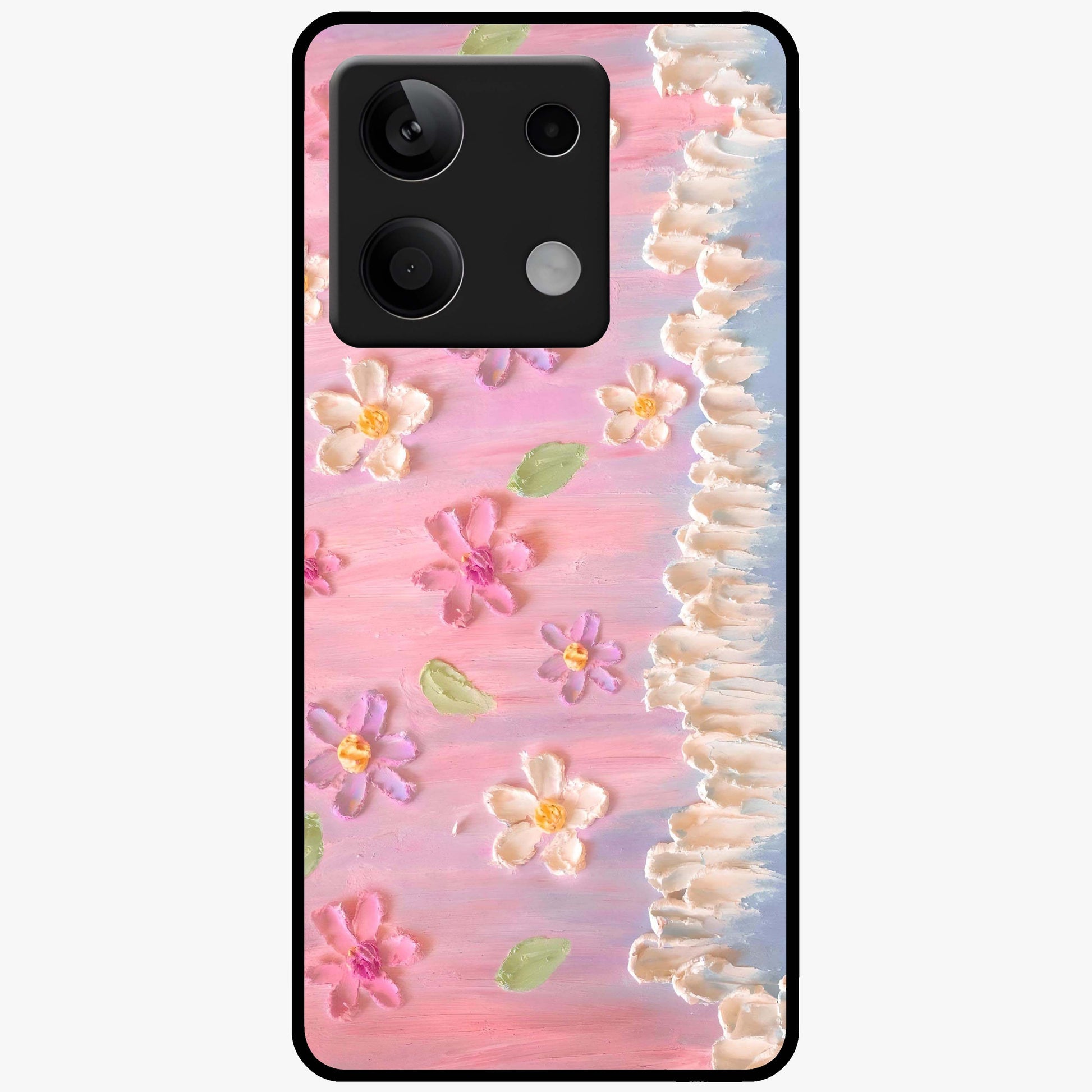 Dreamy Painted Garden Glass Case showing flat back view with artistic painted floral garden artwork and glossy glass finish.