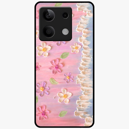 Dreamy Painted Garden Glass Case showing flat back view with artistic painted floral garden artwork and glossy glass finish.