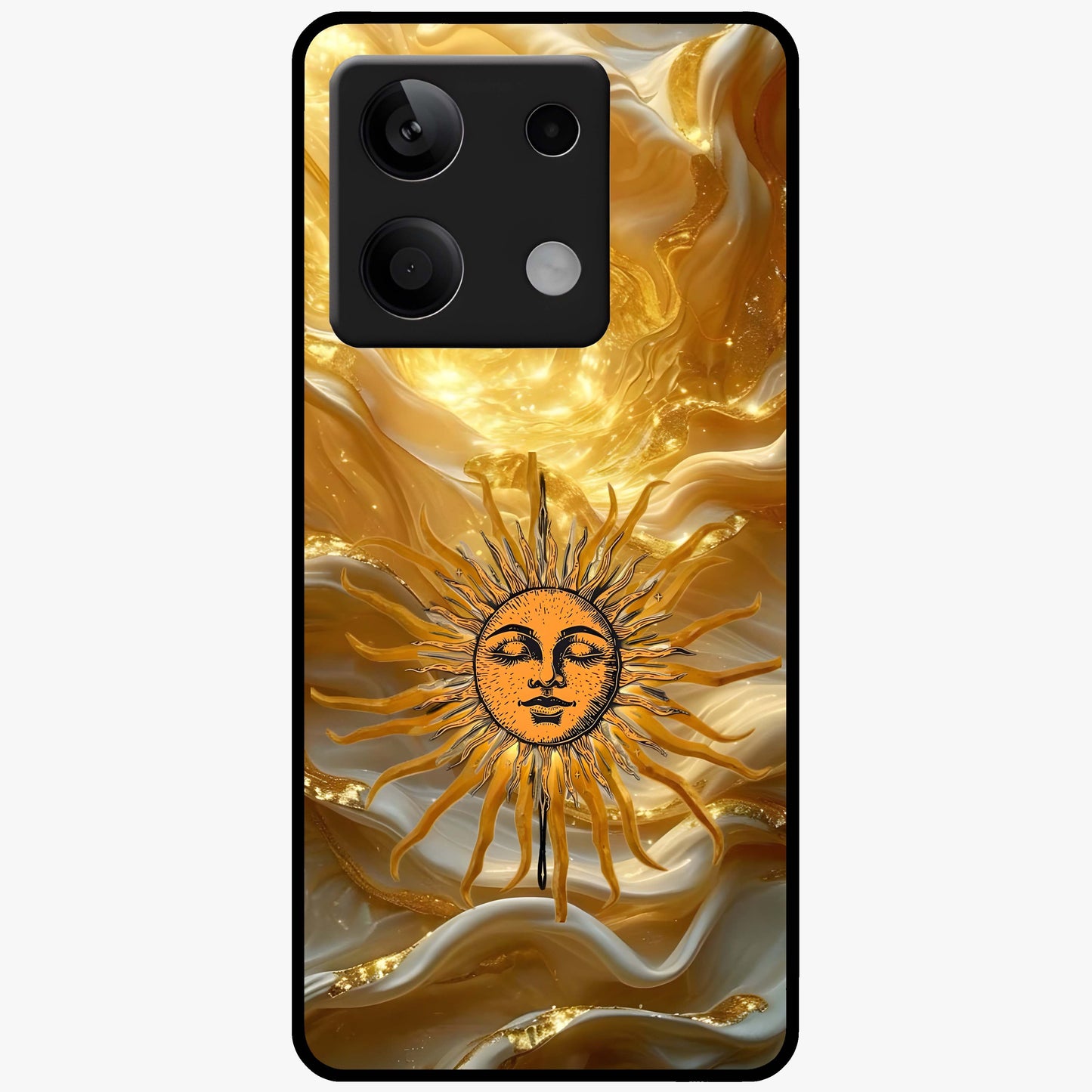 Eternal Golden Glow Glass Case showing flat back view with radiant golden themed artwork and glossy glass finish.