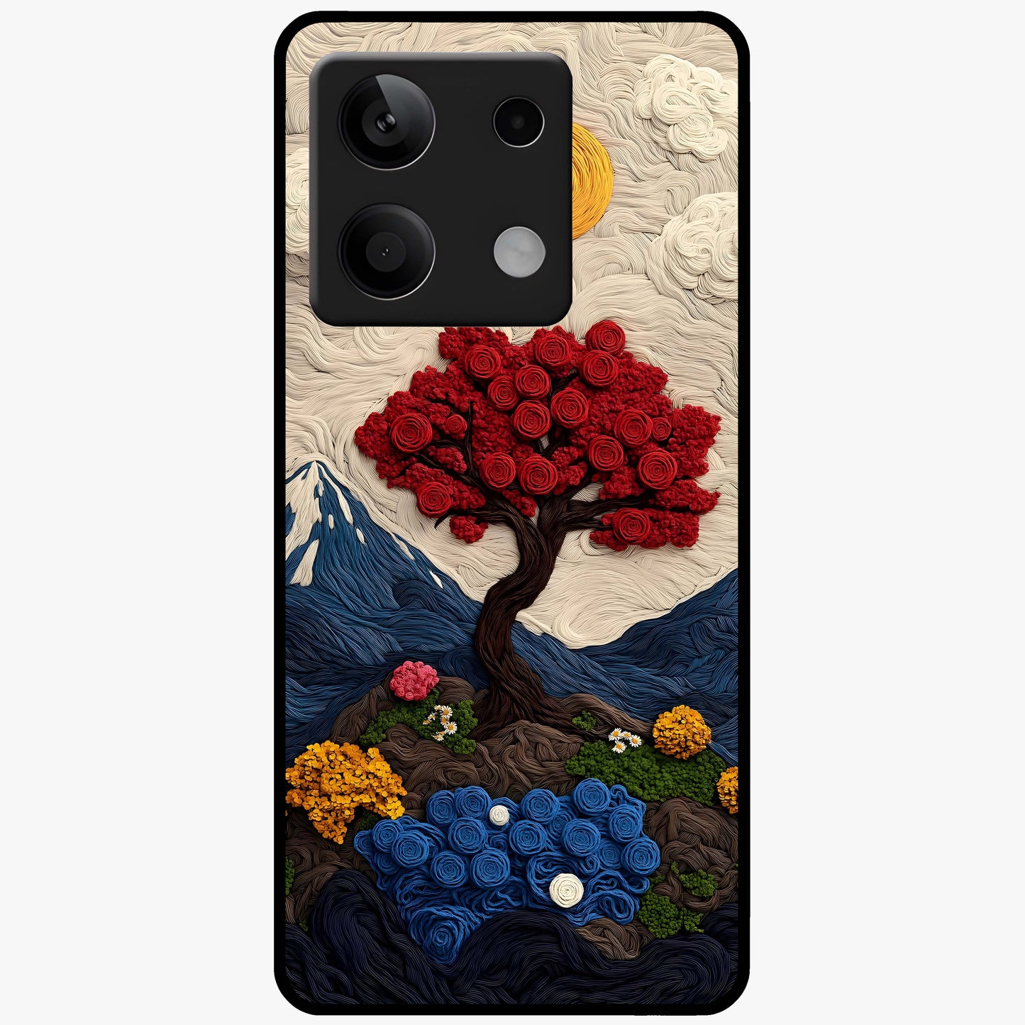 Eternal Nature Tapestry Glass Case showing flat back view with intricate nature tapestry artwork and glossy glass finish.