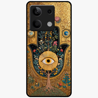 Ethereal Evil Eye Glass Case showing flat back view with mystical evil eye artwork and glossy glass finish.