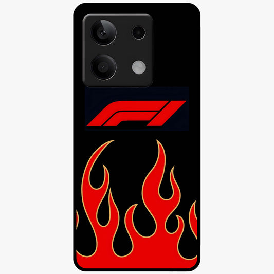 Fire F11 Glass Case showing flat back view with fiery themed artwork and glossy glass finish.