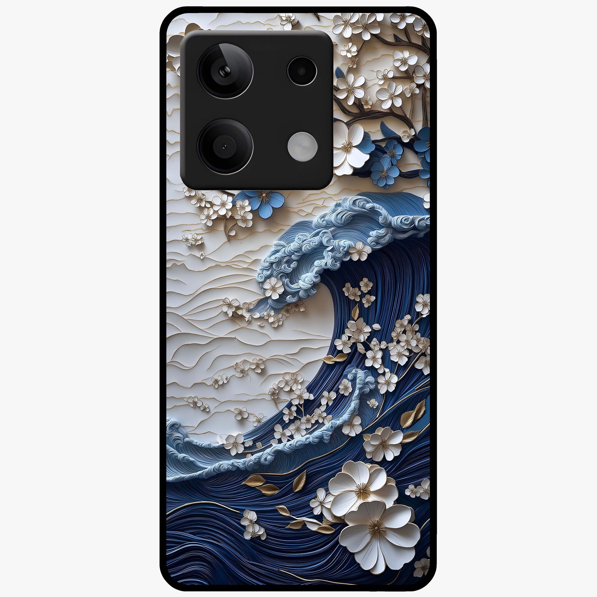 Floral Wave Origami Glass Case showing flat back view with origami inspired floral wave artwork and glossy glass finish.