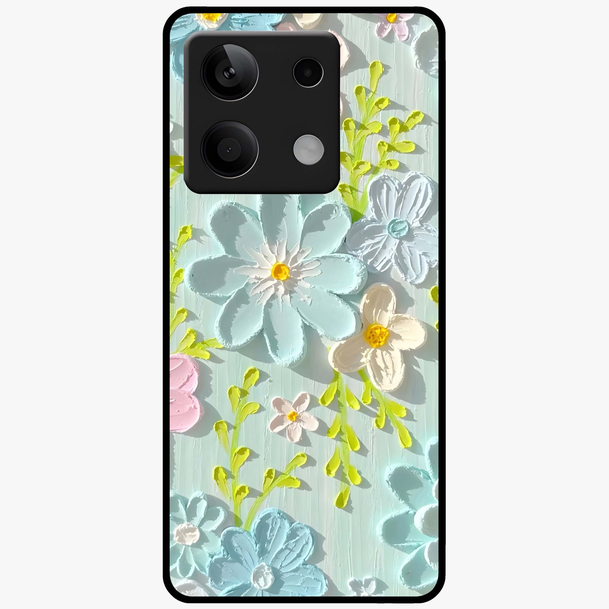 Frosted Petal Garden Glass Case showing flat back view with soft frosted floral artwork and glossy glass finish.