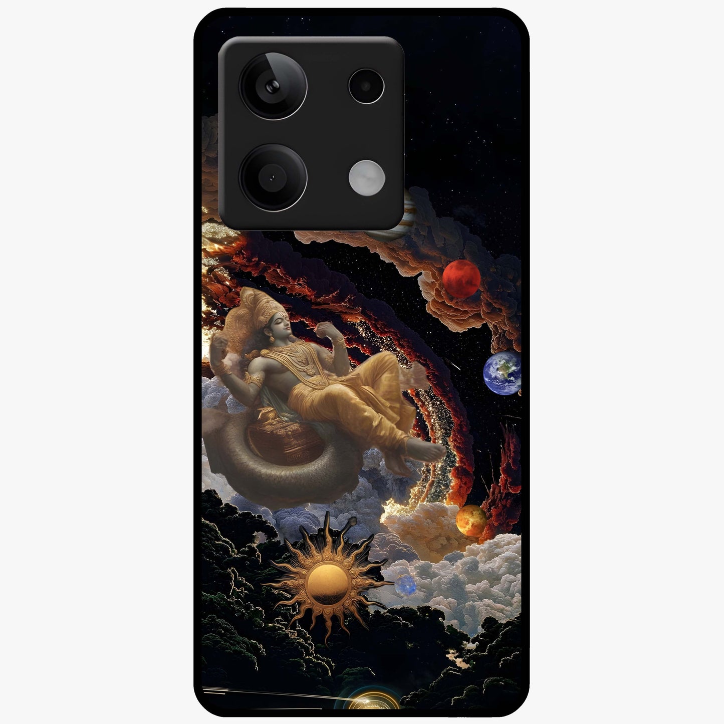 Galactic Divine God Glass Case showing flat back view with divine cosmic themed artwork and glossy glass finish.