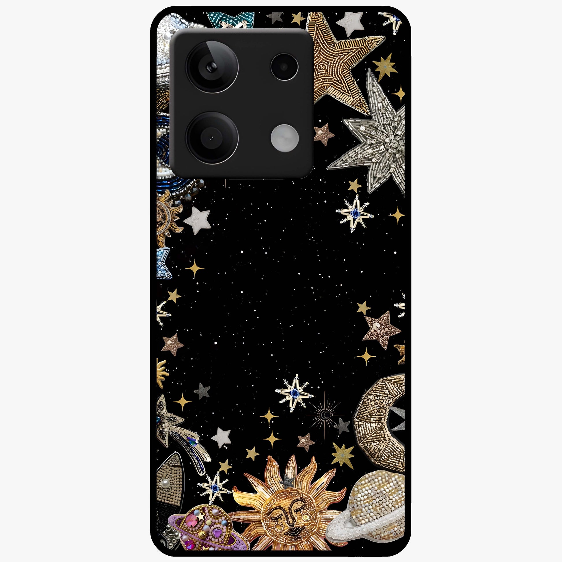 Galactic Jewel Stars Glass Case showing flat back view with sparkling star jewel artwork and glossy glass finish.
