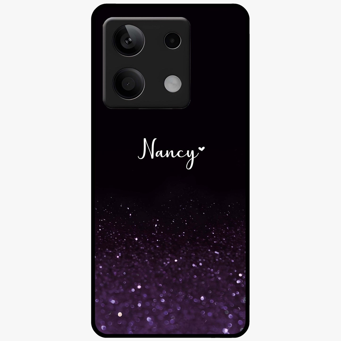 Glittery Purple Bokeh Custom Name Glass Case showing flat back view with purple bokeh sparkle artwork and personalized name design.