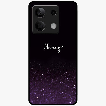 Glittery Purple Bokeh Custom Name Glass Case showing flat back view with purple bokeh sparkle artwork and personalized name design.